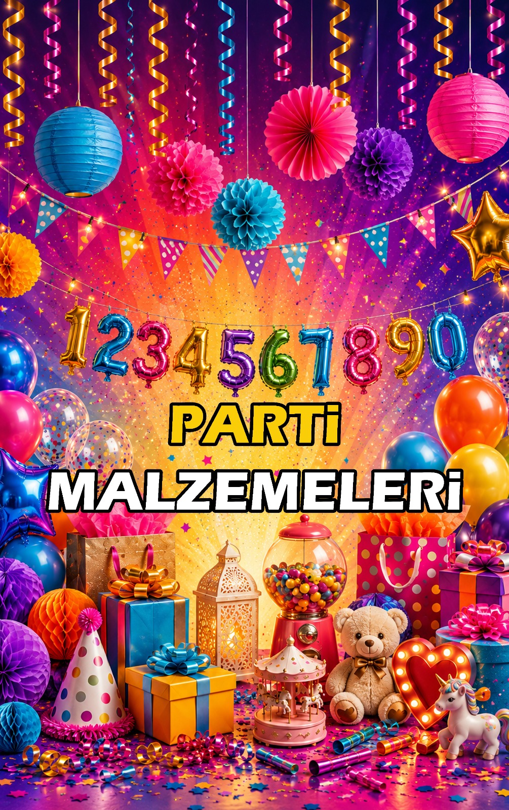 Rakam ve harf balonlarla hazırlanmış parti malzemeleri vitrini